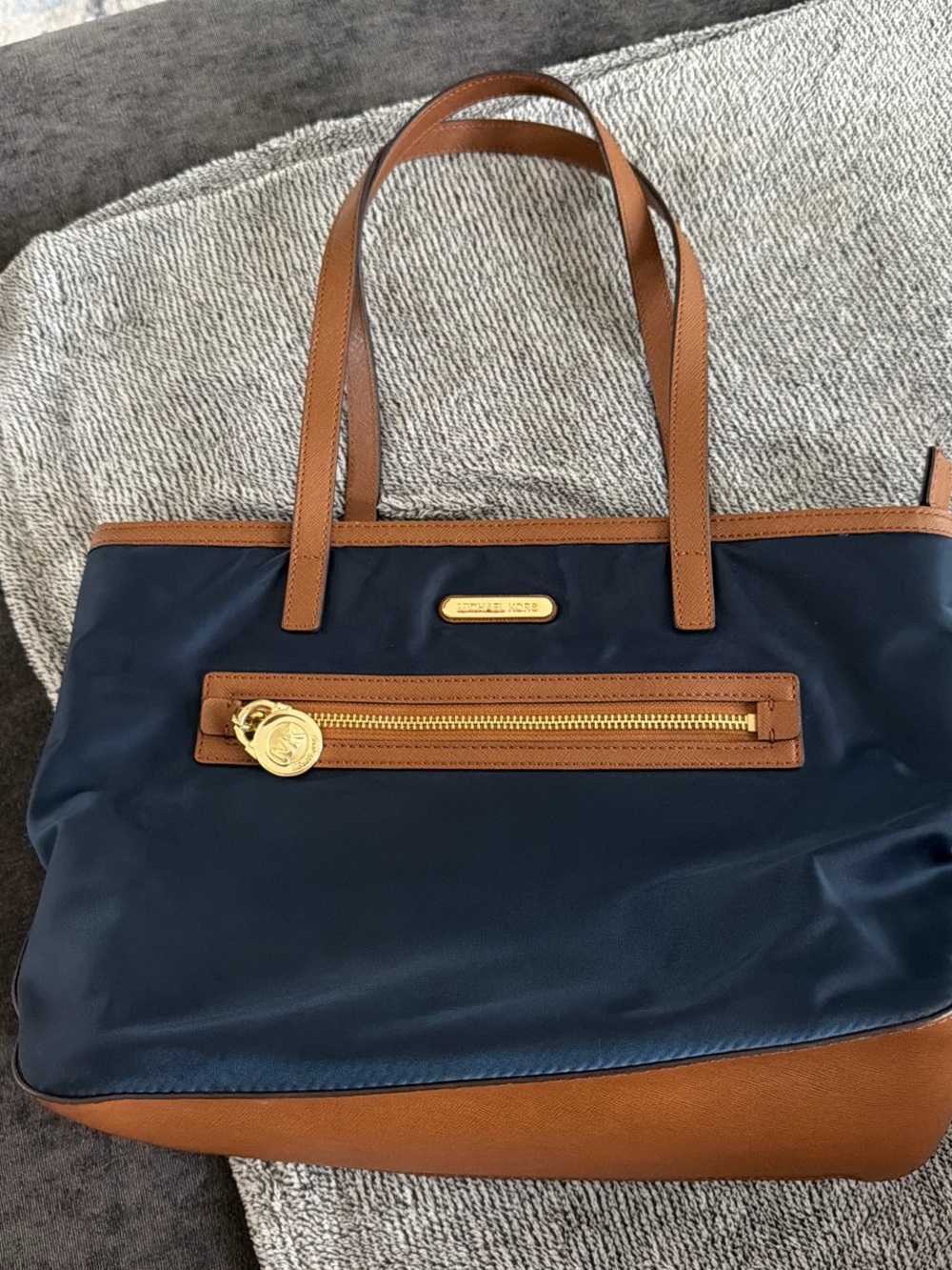 Michael Kors Navy Nylon Tote with Brown Leather Trim - Picture 4 of 4
